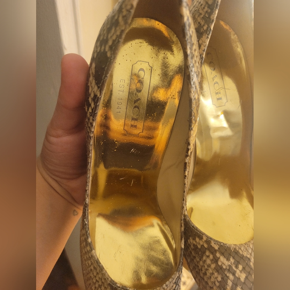 Coach Brown Snake-Print Leather High Heels - Picture 3 of 7